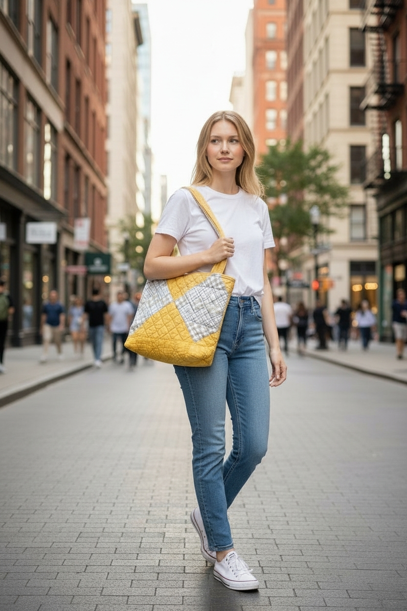 Vintage Quilted Tote Bag w/Hens